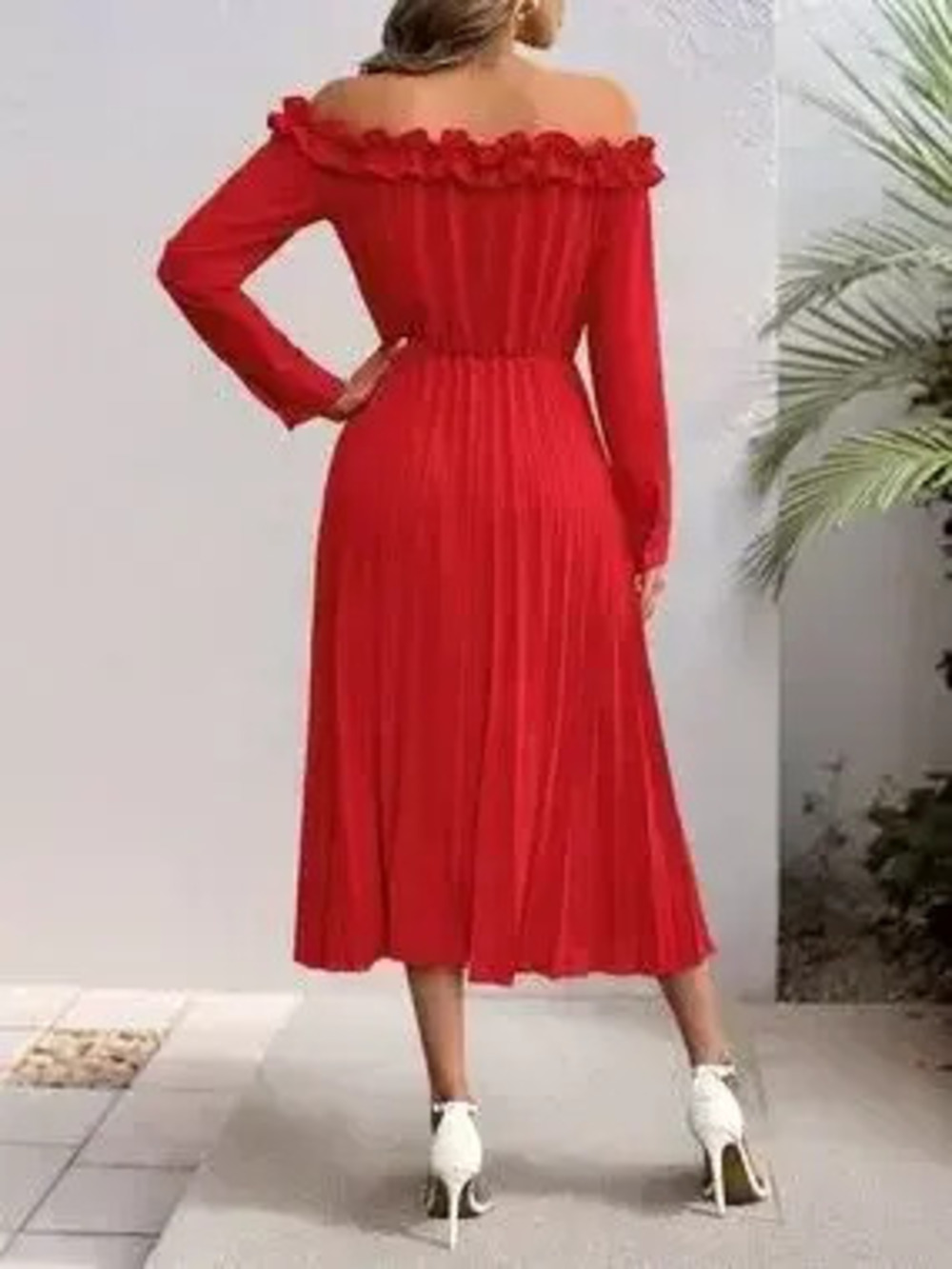 Off-Shoulder Ruffle Pleated Midi Dress - Picture 5 of 10